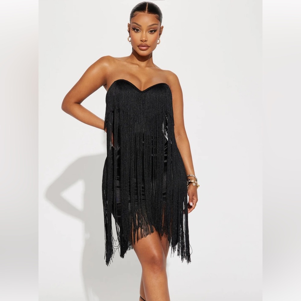 NWT Fashion Nova Elegant Black Fringe Strapless Dress Size Small